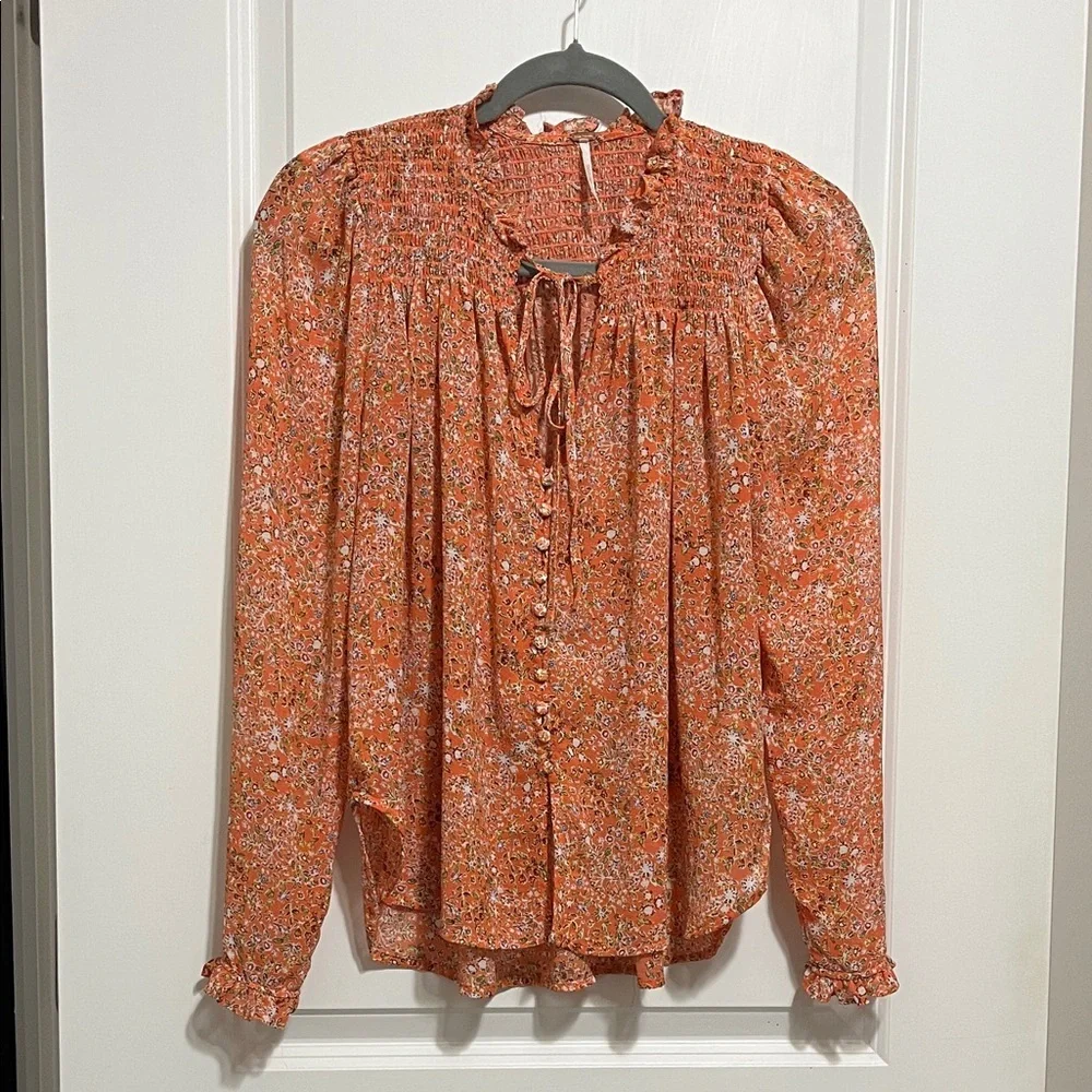 Free People Lela Floral Smocked Ruffle Blouse in Coral Sz XS